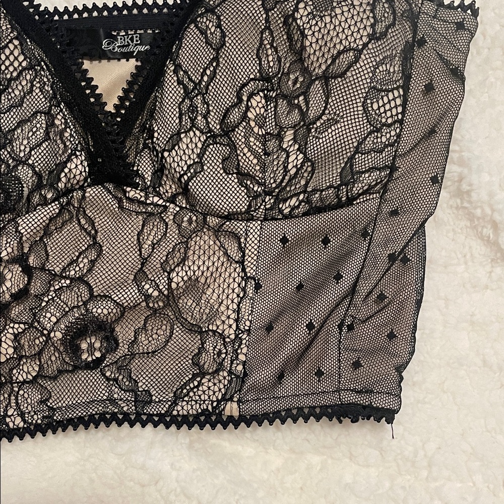 BKE Boutique Black Tan Lace Sheer Crop Top Corset Style Going Out Summer Top - Picture 10 of 10